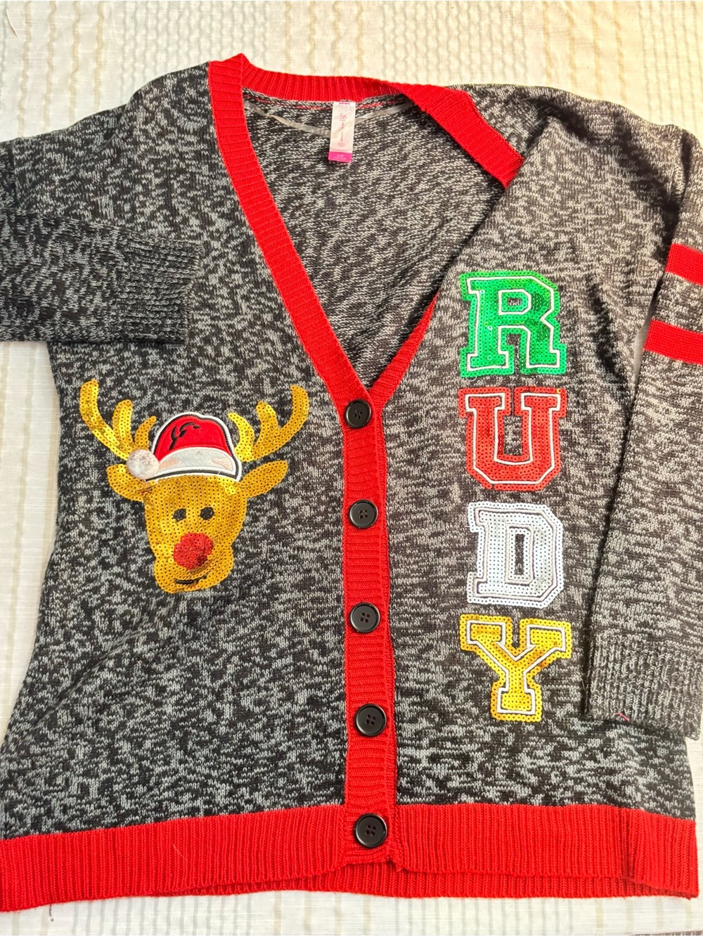 No Boundaries Gray Cardigan Sweater with Red Trim and Holiday Appliqués